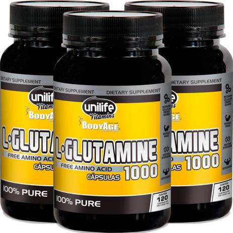 Kit com 3 Frascos de L-Glutamina 100 Pura 120 cápsulas Unilife Menor preço em Kit com 3 Frascos de L-Glutamina 100 Pura 120 cápsulas Unilife