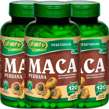 Kit com 3 Frascos de Maca Peruana Com Vitamina C e Zinco Unilife 120 capsulas 550mg Menor preço em Kit com 3 Frascos de Maca Peruana Com Vitamina C e Zinco Unilife 120 capsulas 550mg
