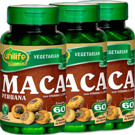 Kit com 3 Frascos de Maca Peruana Com Vitamina C e Zinco Unilife 60 capsulas 550mg Menor preço em Kit com 3 Frascos de Maca Peruana Com Vitamina C e Zinco Unilife 60 capsulas 550mg