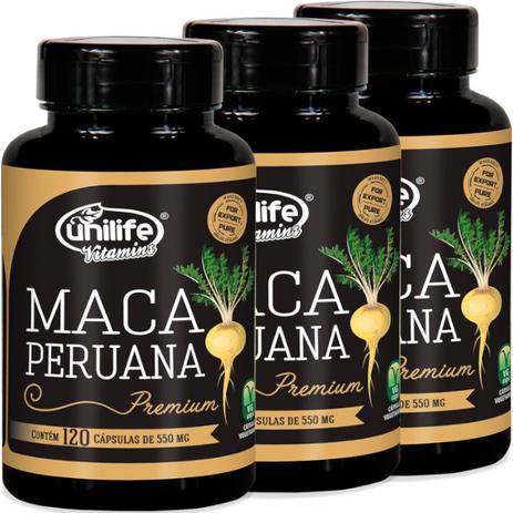 Kit com 3 Frascos de Maca Peruana Premium Pura Unilife 120 capsulas 550mg Menor preço em Kit com 3 Frascos de Maca Peruana Premium Pura Unilife 120 capsulas 550mg