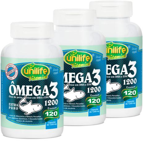 Kit com 3 Frascos de Ômega 3 Óleo de Peixe Unilife 120 capsulas 1200mg Menor preço em Kit com 3 Frascos de Ômega 3 Óleo de Peixe Unilife 120 capsulas 1200mg