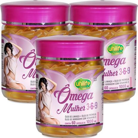 Kit com 3 Frascos de Ômega Mulher 3, 6 e 9 Unilife 60 capsulas 1000mg Menor preço em Kit com 3 Frascos de Ômega Mulher 3, 6 e 9 Unilife 60 capsulas 1000mg