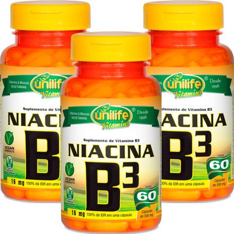 Kit com 3 Frascos de Vitamina B3 Niacina 60 Cápsulas Unilife Menor preço em Kit com 3 Frascos de Vitamina B3 Niacina 60 Cápsulas Unilife