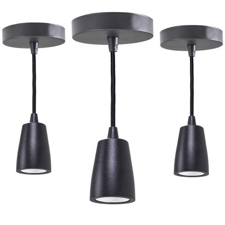 Kit com 3 Pendentes Metal Maciço Cabo Encapado Vintage E27 Preto St942 - Starlumen Menor preço em Kit com 3 Pendentes Metal Maciço Cabo Encapado Vintage E27 Preto St942 - Starlumen