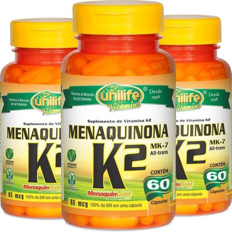 Kit com 3 Vitamina k2 menaquinona mk7 60 cápsulas Unilife Menor preço em Kit com 3 Vitamina k2 menaquinona mk7 60 cápsulas Unilife