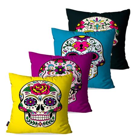 Kit com 4 Almofadas Decorativas Coloridas Caveiras Mexicanas - Pump up Menor preço em Kit com 4 Almofadas Decorativas Coloridas Caveiras Mexicanas - Pump up