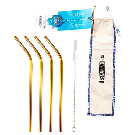 Kit com 4 Canudos de Inox Curvado Champagne + 1 Escova de Limpeza + 1 Saquinho Protetor - Econudinho Menor preço em Kit com 4 Canudos de Inox Curvado Champagne + 1 Escova de Limpeza + 1 Saquinho Protetor - Econudinho