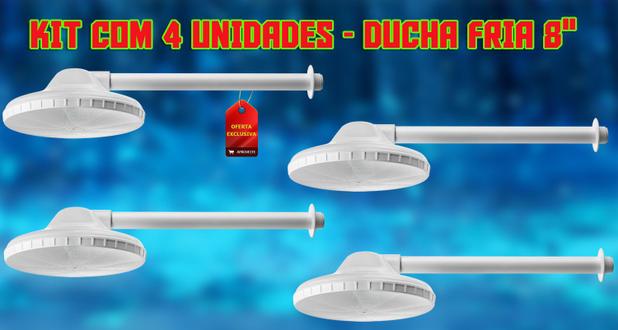 Kit com 4 Duchas Fria / Chuveiro Pvc 8 Pol Branca c/ Braço 30cm Herc Menor preço em Kit com 4 Duchas Fria / Chuveiro Pvc 8 Pol Branca c/ Braço 30cm Herc