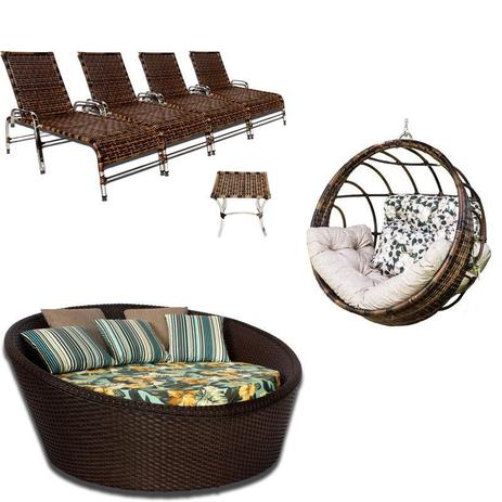 Kit com 4 Espreguiçadeiras, 1 Balanço Hungria, 1 Chaise e Mesa Centro - Trama Original Menor preço em Kit com 4 Espreguiçadeiras, 1 Balanço Hungria, 1 Chaise e Mesa Centro - Trama Original