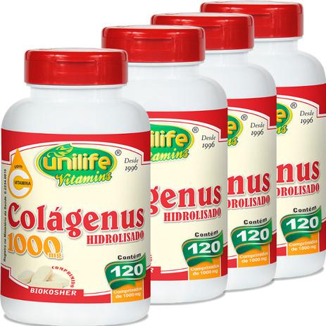 Kit com 4 Frascos de Colágenus Colágeno Hidrolisado + Vitamina C Unilife 120 Comp 1000mg Menor preço em Kit com 4 Frascos de Colágenus Colágeno Hidrolisado + Vitamina C Unilife 120 Comp 1000mg