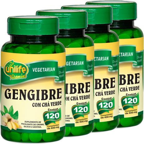 Kit com 4 Frascos de Gengibre Com Chá Verde Unilife 120 Comprimidos 400mg Menor preço em Kit com 4 Frascos de Gengibre Com Chá Verde Unilife 120 Comprimidos 400mg