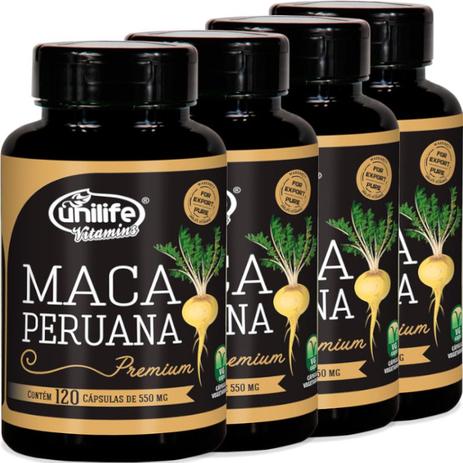 Kit com 4 Frascos de Maca Peruana Premium Pura Unilife 120 capsulas 550mg Menor preço em Kit com 4 Frascos de Maca Peruana Premium Pura Unilife 120 capsulas 550mg