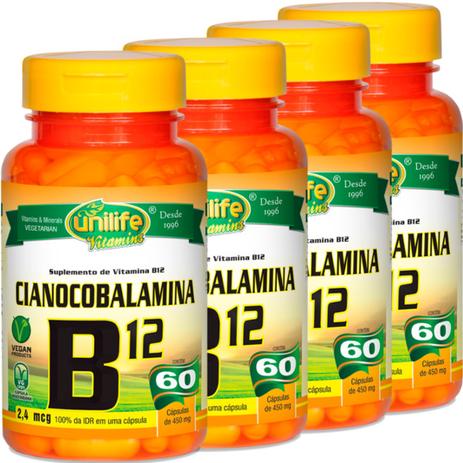 Kit com 4 Frascos de Vitamina B12 Cianocobalamina Unilife 60 Capsulas 450mg Menor preço em Kit com 4 Frascos de Vitamina B12 Cianocobalamina Unilife 60 Capsulas 450mg