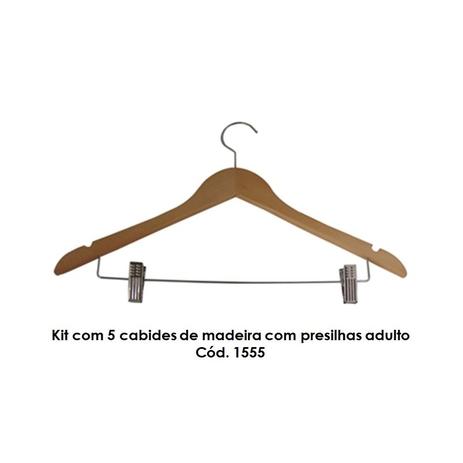 Kit com 5 cabides de madeira com presilhas adulto Cód. 1555 - Diego fiocco mariano Menor preço em Kit com 5 cabides de madeira com presilhas adulto Cód. 1555 - Diego fiocco mariano