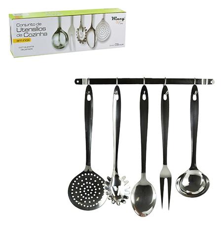 Kit com colher / concha / escumadeira / garfo trinchante / pegador com suporte de parede de inox na caixa - Wincy Menor preço em Kit com colher / concha / escumadeira / garfo trinchante / pegador com suporte de parede de inox na caixa - Wincy