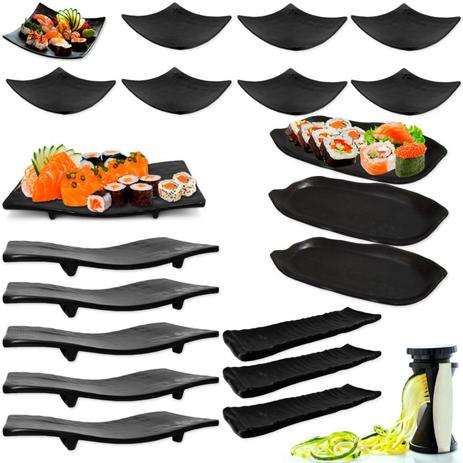Kit com Cortador Espiral + 20 Pratos Travessas em Melamina Pretas Mandiali Menor preço em Kit com Cortador Espiral + 20 Pratos Travessas em Melamina Pretas Mandiali
