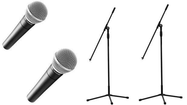 Kit com dois microfones Shure SM58 Com pedestal reforçado Menor preço em Kit com dois microfones Shure SM58 Com pedestal reforçado