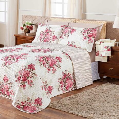 Menor preço em Kit Combo Cobre Leito + Jogo de Banho Dubai Chevron Floral Vermelho Casal 08 Peças Dupla Face 150 Fios - Dourados enxovais