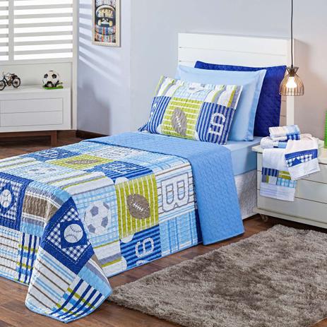 Kit Combo Cobre Leito + Jogo de Banho Futebol Azul Solteiro 07 Peças Dupla Face 150 Fios - Dourados enxovais é boa?