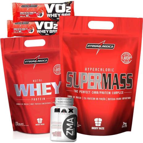 Kit Combo Ganho de Peso Hipertrofia Muscular - Whey + Hipercalorico Massa + ZMA - Integralmedica Menor preço em Kit Combo Ganho de Peso Hipertrofia Muscular - Whey + Hipercalorico Massa + ZMA - Integralmedica