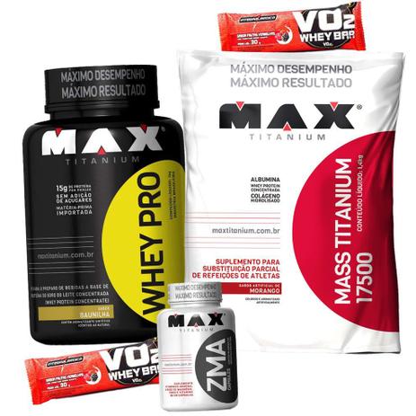 Kit combo Massa Magra Hipertrofia - Whey Protein 1kg Pote Hipercalorico 3kg ZMA 90caps Barrinha wey - Max titanium Menor preço em Kit combo Massa Magra Hipertrofia - Whey Protein 1kg Pote Hipercalorico 3kg ZMA 90caps Barrinha wey - Max titanium