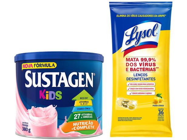 Kit Complemento Alimentar Infantil Sustagen Kids - Morango 380g + Lenços Desinfetantes Lysol Menor preço em Kit Complemento Alimentar Infantil Sustagen Kids - Morango 380g + Lenços Desinfetantes Lysol