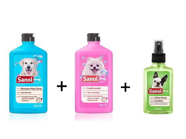 kit completo banho cães: Shampoo para Cães Pelos Claros + Condicionador Revitalizante + Perfume colônia Machos - Sanol Dog Menor preço em kit completo banho cães: Shampoo para Cães Pelos Claros + Condicionador Revitalizante + Perfume colônia Machos - Sanol Dog