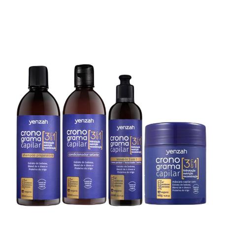 Kit Completo Cronograma Capilar 3 em 1 Yenzah Para Todos os Tipos 4p Menor preço em Kit Completo Cronograma Capilar 3 em 1 Yenzah Para Todos os Tipos 4p