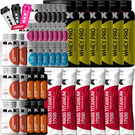 Kit Completo Max Titanium Atacado Whey Massa Colagen Fire Menor preço em Kit Completo Max Titanium Atacado Whey Massa Colagen Fire