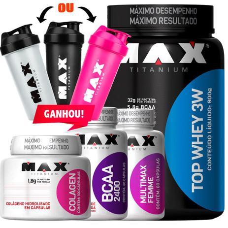 Kit Completo Mulher Na Academia Max Titanium Whey Colagen Bcaa Menor preço em Kit Completo Mulher Na Academia Max Titanium Whey Colagen Bcaa