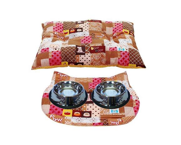 Kit Conforto e Higiene Gato - Marrom Patchwork com Amarelo de bolinhas Brancas - Tili pet Menor preço em Kit Conforto e Higiene Gato - Marrom Patchwork com Amarelo de bolinhas Brancas - Tili pet