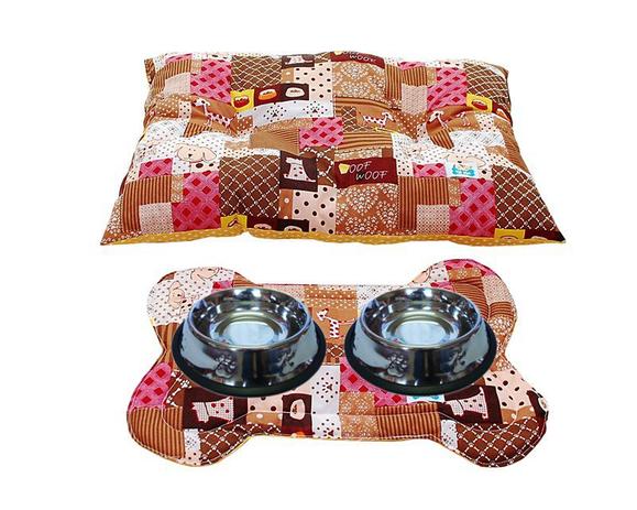 Kit Conforto e Higiene Osso - Marrom Patchwork com Amarelo de bolinhas Brancas - Tili pet Menor preço em Kit Conforto e Higiene Osso - Marrom Patchwork com Amarelo de bolinhas Brancas - Tili pet