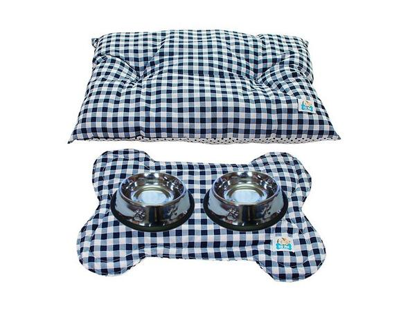 Kit Conforto e Higiene Osso - Xadrez Azul Marinho com Branco de bolinhas Pretas - Tili pet Menor preço em Kit Conforto e Higiene Osso - Xadrez Azul Marinho com Branco de bolinhas Pretas - Tili pet