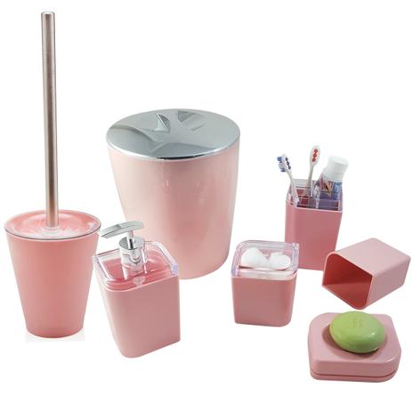 Kit Conjunto Banheiro Utensílios Bancada Escovinha Lixeira Rosa Quartzo - Ou Menor preço em Kit Conjunto Banheiro Utensílios Bancada Escovinha Lixeira Rosa Quartzo - Ou