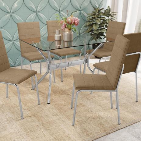 Kit Conjunto Mesa 6 Cadeiras 120 x 80 cm Sala de Jantar Cozinha Vidro Metal Cromado Nude - Kappesberg é boa?
