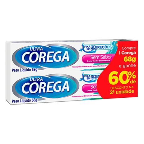 Kit Corega Ultra Creme Fixador de Dentadura Sem Sabor 2 Unidades 68g cada Menor preço em Kit Corega Ultra Creme Fixador de Dentadura Sem Sabor 2 Unidades 68g cada