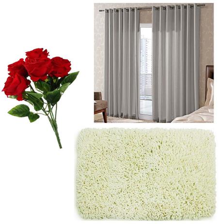 Kit Cortina Para varão Poliéster Grande 2 Partes + Tapete Antiderrapante Retangular 40 X 60 + Buque Rosas Artificial - Alem mar Menor preço em Kit Cortina Para varão Poliéster Grande 2 Partes + Tapete Antiderrapante Retangular 40 X 60 + Buque Rosas Artificial - Alem mar