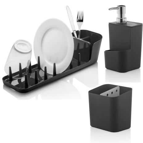Kit Cozinha Escorredor de Pratos Talheres Dispenser 650ml Detergente - Ou Menor preço em Kit Cozinha Escorredor de Pratos Talheres Dispenser 650ml Detergente - Ou