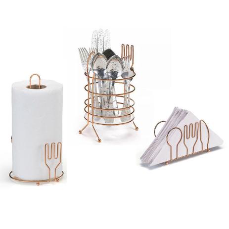 Kit Cozinha Porta Talher Toalha e Guardanapo Metal Rose - Arthi Menor preço em Kit Cozinha Porta Talher Toalha e Guardanapo Metal Rose - Arthi