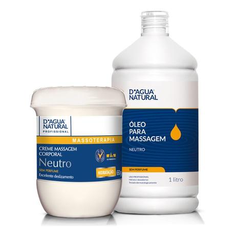 Kit Creme 650g E Óleo P/ Massagem 1l Neutro D'agua Natural Menor preço em Kit Creme 650g E Óleo P/ Massagem 1l Neutro D'agua Natural