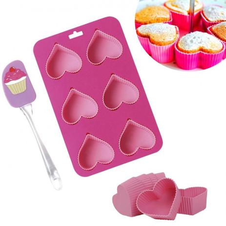 Kit Cupcake Assadeira + 6 Forminhas Coracao de Silicone + 1 Espatula Mor Menor preço em Kit Cupcake Assadeira + 6 Forminhas Coracao de Silicone + 1 Espatula Mor