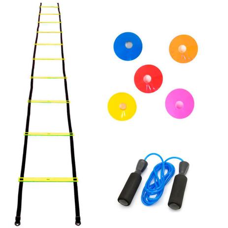 Kit de Agilidade Escada + 5 Chapeu Chines + Corda Rolamento - Natural fitness Menor preço em Kit de Agilidade Escada + 5 Chapeu Chines + Corda Rolamento - Natural fitness