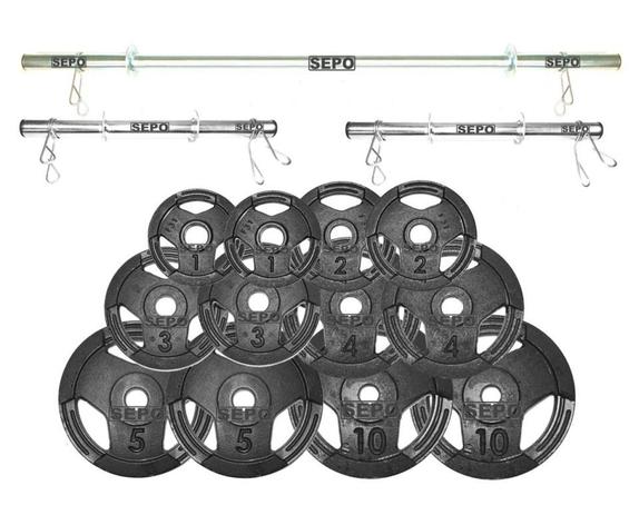 Kit de Anilhas Sport Luxo 50 Kg + Barras com Presilhas - Sepo - pesos Menor preço em Kit de Anilhas Sport Luxo 50 Kg + Barras com Presilhas - Sepo - pesos