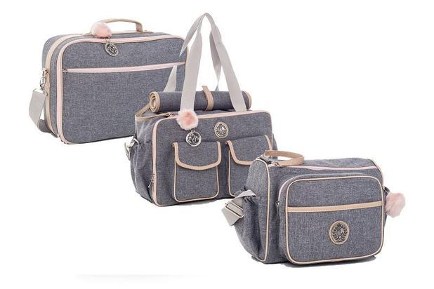 Kit de bolsas maternidade Dallas Cinza com rosa 3pcs bolsa, mala e frasqueira - Lequiqui Menor preço em Kit de bolsas maternidade Dallas Cinza com rosa 3pcs bolsa, mala e frasqueira - Lequiqui