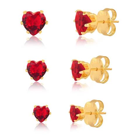 Kit de brincos coração com pedra natural vermelha folheado em ouro 18k - 2180000001360 - Francisca joias contemporâneas Menor preço em Kit de brincos coração com pedra natural vermelha folheado em ouro 18k - 2180000001360 - Francisca joias contemporâneas