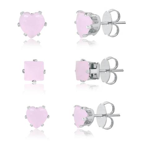 Kit de brincos corações e quadrado com pedra natural rosa folheado em ródio branco - 2180000001363 - Francisca joias contemporâneas Menor preço em Kit de brincos corações e quadrado com pedra natural rosa folheado em ródio branco - 2180000001363 - Francisca joias contemporâneas