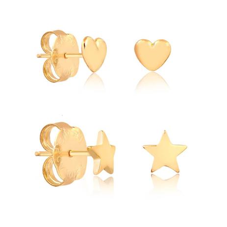 Kit de brincos de coração e estrela lisos pequenos folheados em ouro 18k - 2180000000494 - Francisca joias contemporâneas Menor preço em Kit de brincos de coração e estrela lisos pequenos folheados em ouro 18k - 2180000000494 - Francisca joias contemporâneas
