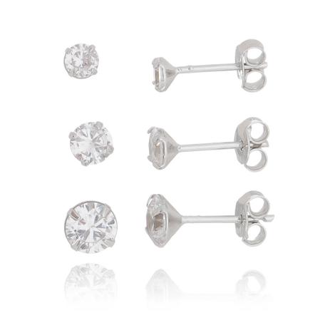 Kit De Brincos Solitário Zircônia Cristal Ródio Branco - Drusi Menor preço em Kit De Brincos Solitário Zircônia Cristal Ródio Branco - Drusi
