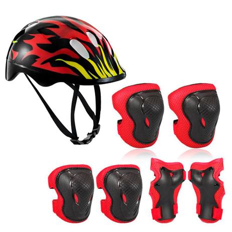 Kit De Proteção Bike Infantil Flamas Joelheira Com Capacete Preto - ZP Menor preço em Kit De Proteção Bike Infantil Flamas Joelheira Com Capacete Preto - ZP