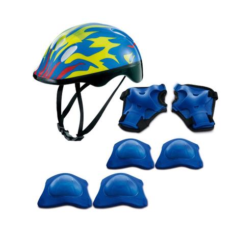 Kit de protecao juvenil meninos azul chamas radical com capacete - Zippy Toys Menor preço em Kit de protecao juvenil meninos azul chamas radical com capacete - Zippy Toys